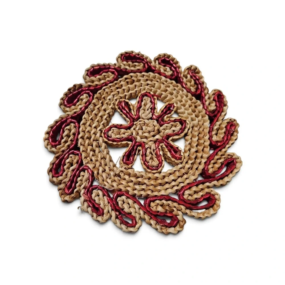 Vintage Woven Raffia Trivets Set of 2 Boho Straw Hot Pads Floral Sunburst 0425
